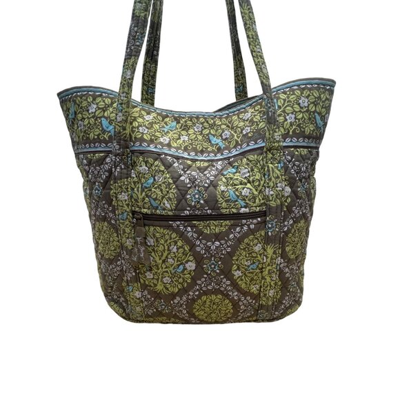 Vera Bradley Women’s Green Brown Quilted Floral Pattern Zipper Pocket Tote Bag - Picture 4 of 13